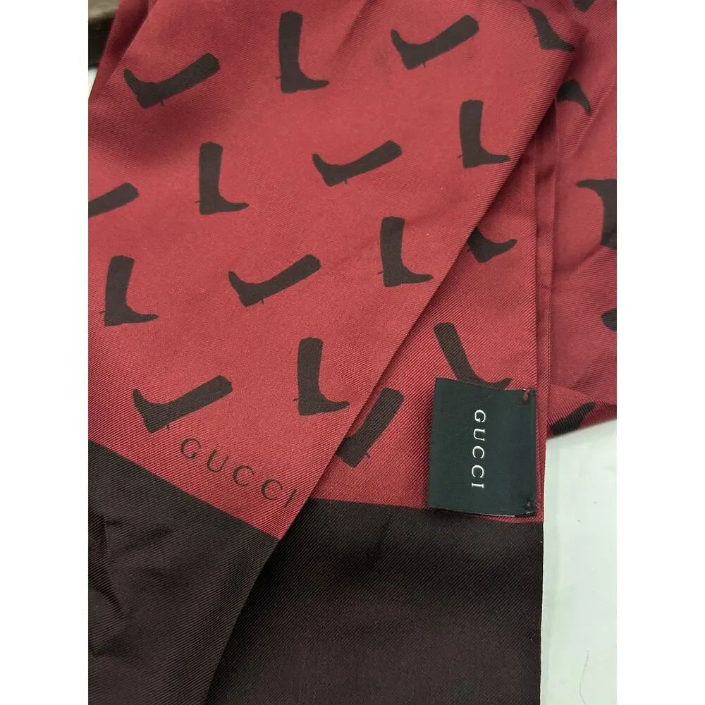 GUCCI Silk Cowboy Print Fringe Scarf Ascot Twilly Maroon Red 53